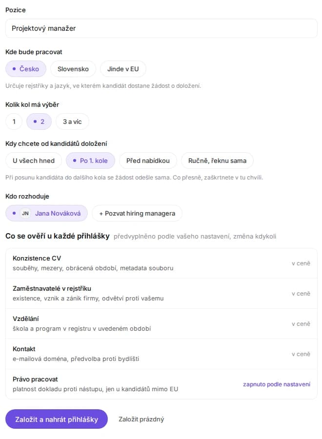 A position in Candora. The funnel shows 124 applications received, 118 checked automatically and 5 in the shortlist. Below it the document template, editable per position.