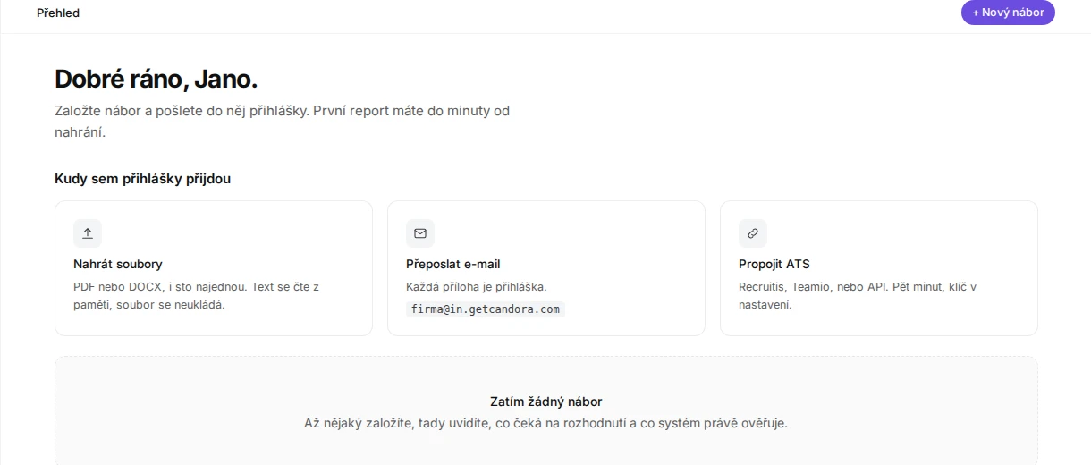 The overview in Candora: three ways applications arrive, file upload, email forwarding, ATS connection