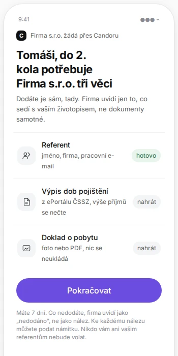 The candidate page on a phone: three documents the candidate supplies, and a Continue button